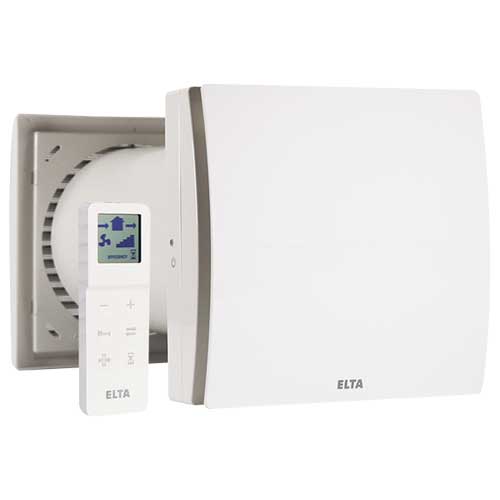 Elta FLUX HR 100 PLUS+ heat recovery unit with remote control, 100mm/4-inch ventilation system, showing front view and controls.