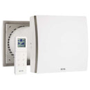 Elta FLUX HR 100 PLUS+ heat recovery unit with remote control, 100mm/4-inch ventilation system, showing front view and controls.