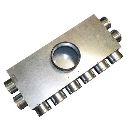 Quiet-Vent 75mm 10 Point Top Entry Distribution Box with 150 spigot for ducting accessories, showing multiple entry points and spigot details.