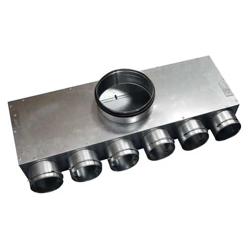 Quiet-Vent 75mm 6 Point Top Entry Distribution Box with 150mm spigot for ducting accessories, showing the top entry ports and spigot connection