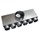 Quiet-Vent 75mm 6 Point Top Entry Distribution Box with 150mm spigot for ducting accessories, showing the top entry ports and spigot connection