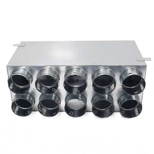 Quiet-Vent 75mm 10-point rear entry distribution box with 150mm spigot, used for ducting accessories in ventilation systems