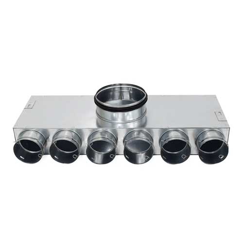 Quiet-Vent 75mm 6-point top entry distribution box with 150mm spigot for ducting accessories, showing the connection points.