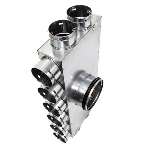 Quiet-Vent 75mm 10-point top entry distribution box with 150 spigot, ducting accessory for ventilation systems.