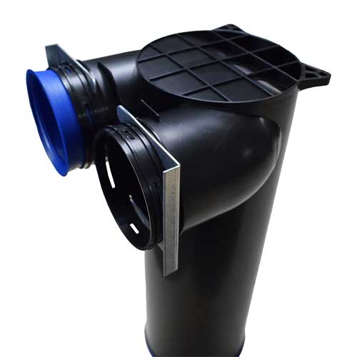 Quiet-Vent 75mm plenum for ducting accessories, shown in a close-up image highlighting its connection points and durable construction.