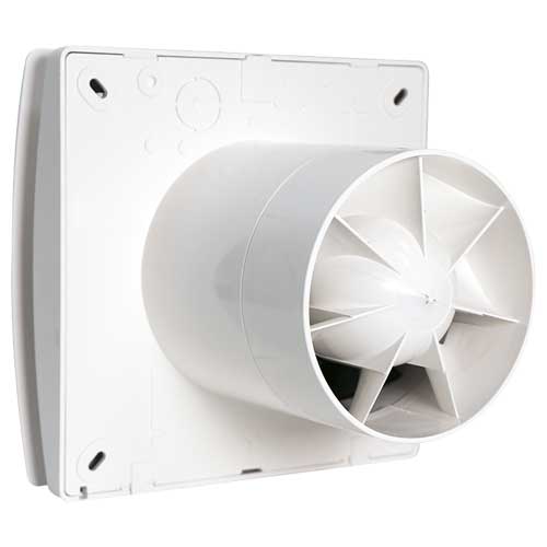 Elta FLUX DMEV 100 ventilation fan for continuous trickle and boost airflow, shown installed in a modern building.