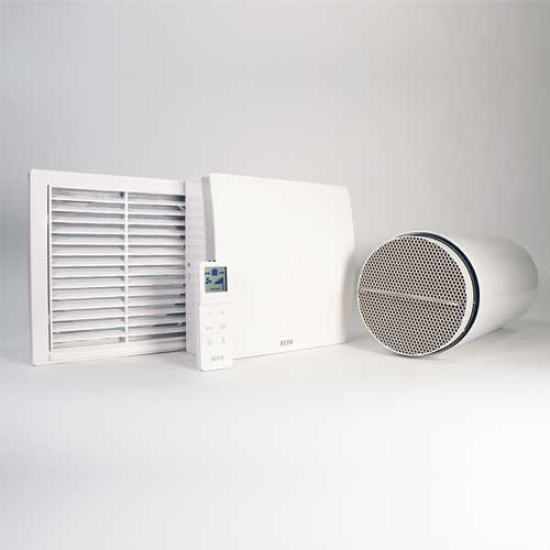 Elta FLUX HR 100 PLUS+ heat recovery unit with remote control, 100mm/4-inch size, mounted on wall with vent openings visible.
