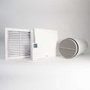 Elta FLUX HR 100 PLUS+ heat recovery unit with remote control, 100mm/4-inch size, mounted on wall with vent openings visible.