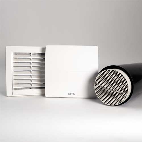 Elta FLUX HR 100 heat recovery unit with 100mm diameter, compact ventilation system for efficient air exchange.