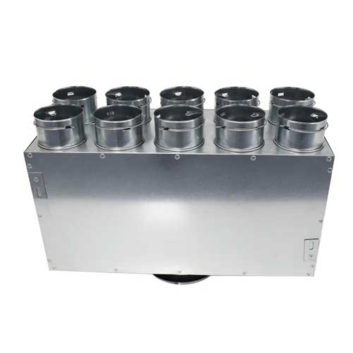 Quiet-Vent 75mm 10 Point Rear Entry Distribution Box with 150mm spigot for ducting accessories, showing the box and spigot connection.