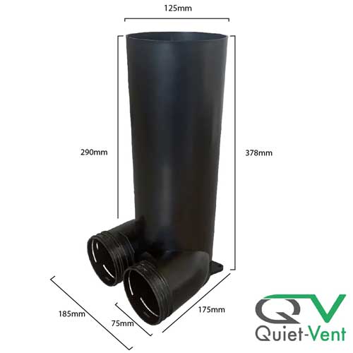 Quiet-Vent 75mm plenum for ducting accessories, showing the compact, rectangular air distribution component with brand markings.