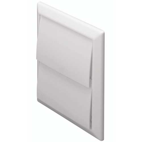 Domus 100mm Rigid Duct Outlet with Gravity Flaps for ventilation, showing the durable plastic construction and gravity flap mechanism.