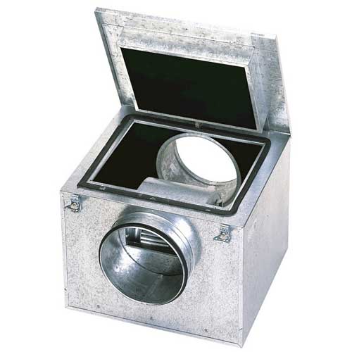 S&P CAB-100 acoustic roof box fan with 100mm diameter, mounted on roof, designed for quiet ventilation applications.
