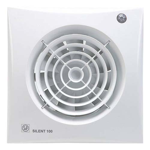 White S&P Silent 100 axial wall and ceiling extractor fan mounted on a wall, designed for quiet ventilation.