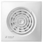 White S&P SILENT100 bathroom extractor axial fan with 100mm diameter, mounted on wall with ventilation grille.