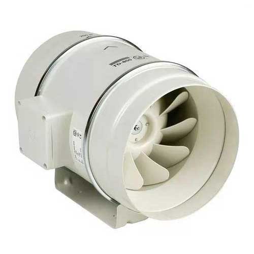 S&P TD-1300/250 inline mixed flow duct fan, 250mm single-phase ventilation fan with metal housing and airflow blades.