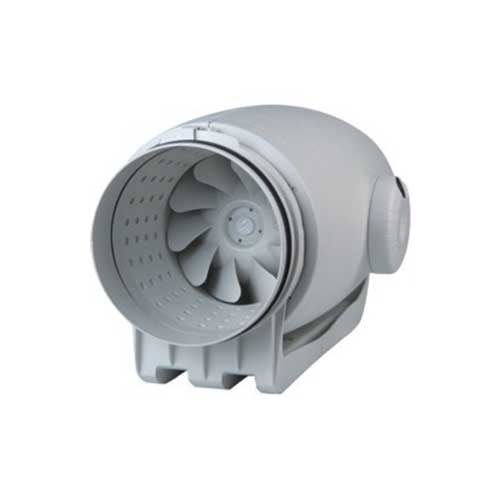 S&P TD-250/100 silent inline duct fan with timer, 100mm mixed flow, single phase for ventilation systems.