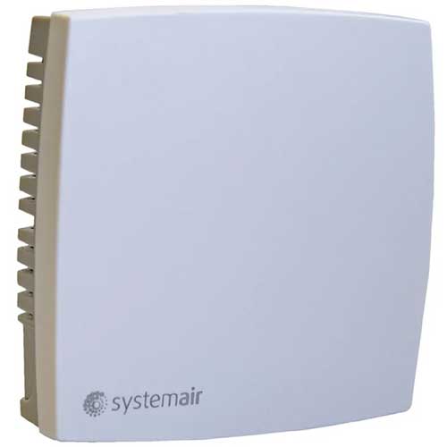 Systemair TG-R5/PT1000 thermostat sensor with digital display and wiring for HVAC temperature control system.