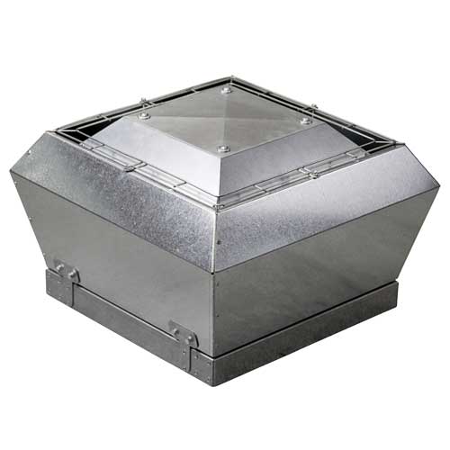 Elta Clearflow CF400 roof fan with three-phase AC motor, 400mm diameter, mounted on building roof for ventilation.