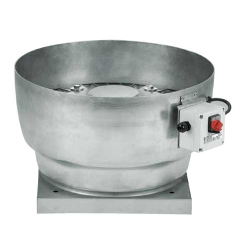 Roof-mounted S&P CRVB/4-225N roof fan, 225mm diameter, with metal grille and venting blades for ventilation.