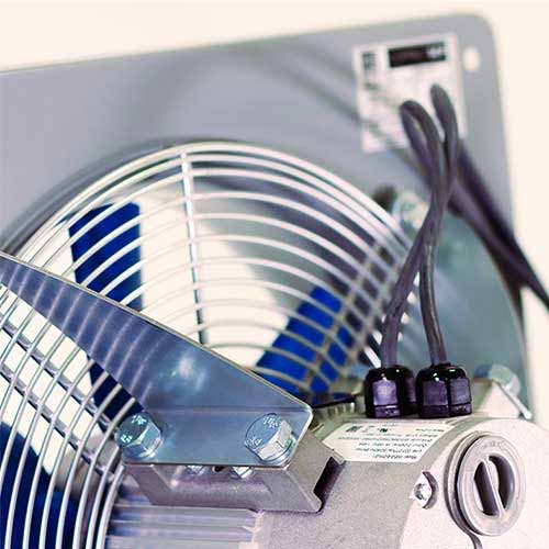 Close-up of Elta SCP250/1EC compact plate axial fan, 250mm, single-phase EC motor, showcasing the fan blades and mounting plate