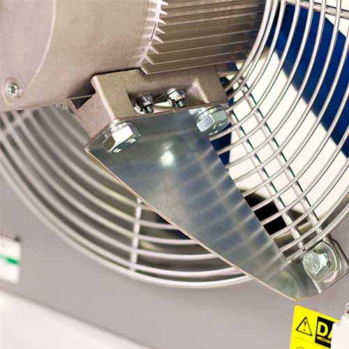 Close-up of Elta SCP250/1EC compact 250mm axial fan showing its single-phase EC motor and sleek metallic blades.