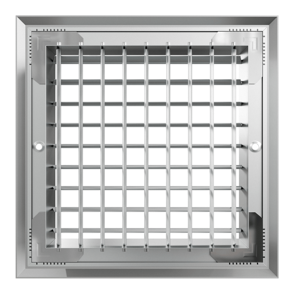eFans double deflection grille showing adjustable louvers and sturdy metal frame for efficient air distribution.