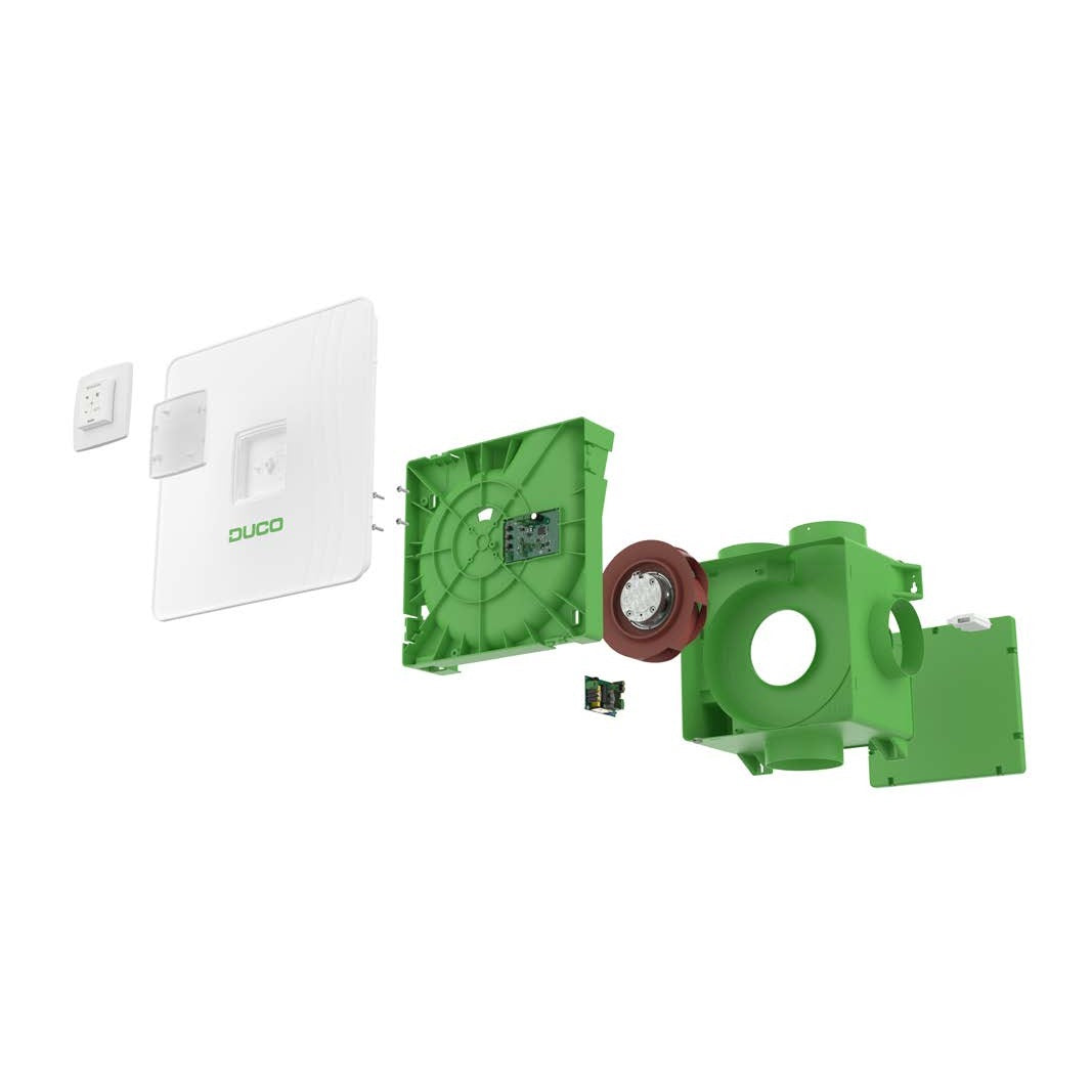 DucoBox Reno exploded view showing lid, fan, circuit boards and green casing