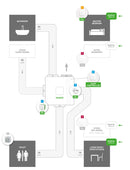 Duco Reno MEV system diagram showing extract from bathroom, toilet and kitchen with fresh air through window grilles