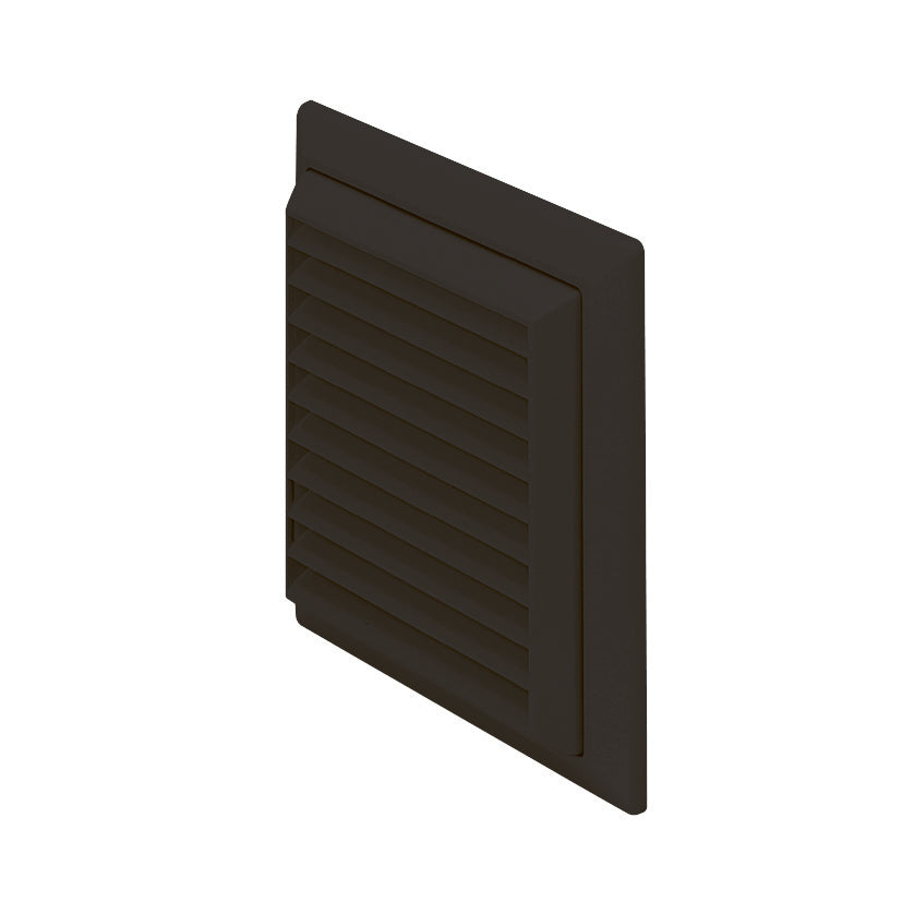 Black Domus plastic louvered wall grille with flyscreen, 150mm diameter, for ducting ventilation with sturdy louvered design.
