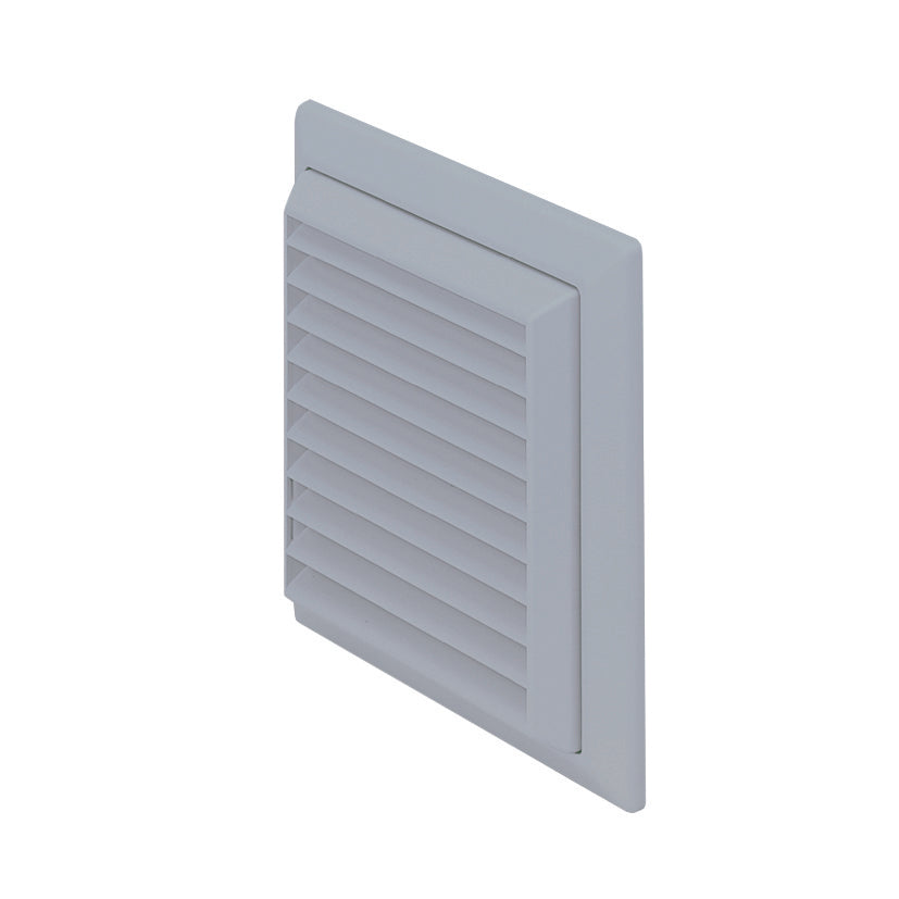 Domus plastic louvred wall grille with flyscreen for ducting, round 125mm diameter, ventilation duct cover.