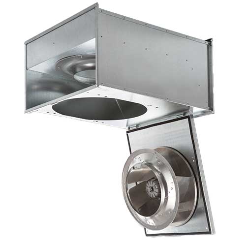 S&P IRB/2-180 inline rectangular duct roof fan, 180mm, mounted on roof for ventilation, with metal housing and fan blades visible.