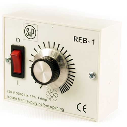 S&P REB-1 230V single-phase speed controller with control knob and wiring terminals for industrial motor regulation.
