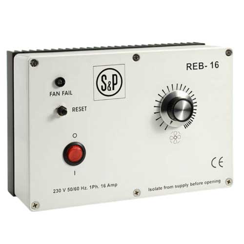 S&P REB-16 230V single-phase speed controller for industrial motor regulation, 16 amp capacity, mounted on a control panel.