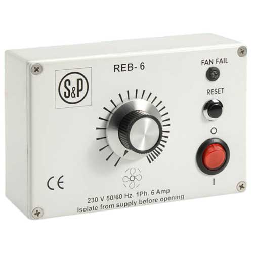 S&P REB-6 230V single-phase speed controller with 6 amp capacity, showing dial and wiring connections.