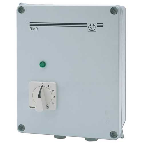 S&P RMB-1.5 single phase speed controller auto-transformer showing device with control dial and wiring terminals.