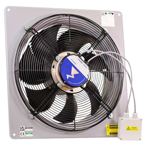 Elta SPA350/4-1AC Raptor axial fan with 350mm diameter, single-phase AC motor, shown in a detailed view.