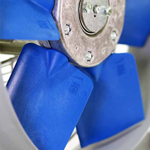 Elta SCP315/4-1AC compact 315mm single-phase axial plate fan showing blades and mounting frame.