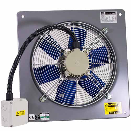 Elta SCP315/4-1AC compact plate axial fan, 315mm single-phase AC industrial cooling fan with metal blades and mounting frame.