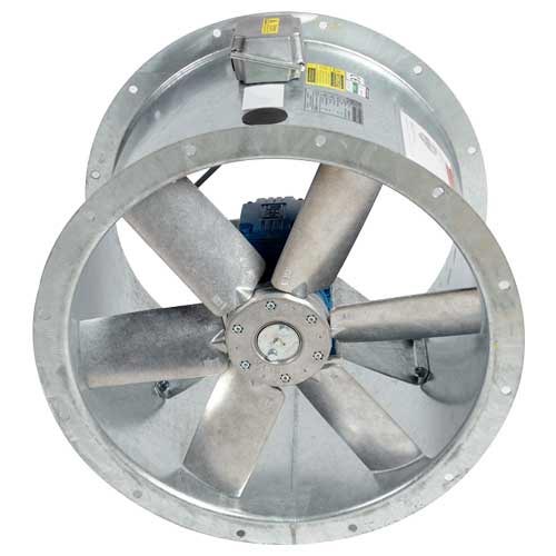 Elta SLC560 Revolution long-cased axial fan with single-phase AC motor, 560mm diameter, mounted on a sturdy frame.