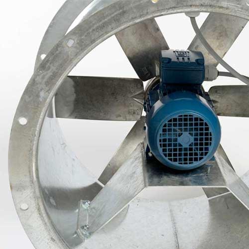 Elta SLC560 Revolution long-cased axial fan with 560mm diameter, single-phase AC motor, mounted in a sturdy protective casing.
