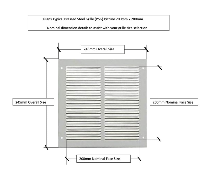 eFans pressed steel grille wall or door mount, 300mm x 300mm, showing a square ventilation grille with mounting frame and slotted design.