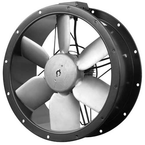 S&P 250mm three-phase cased axial fan with metal housing and blades, used for industrial ventilation and cooling.