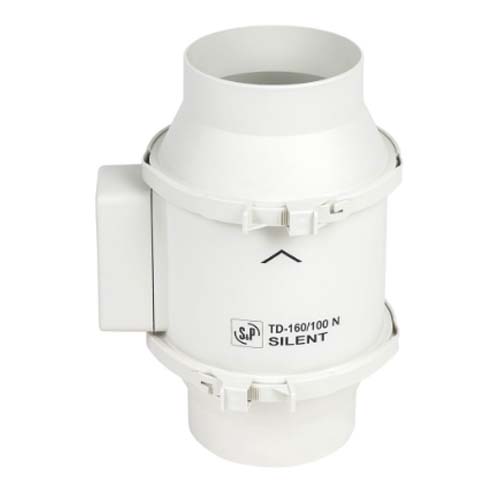 S&P TD-160/100 N silent inline mixed flow duct fan, 100mm single-phase ventilation fan with compact design and airflow components.