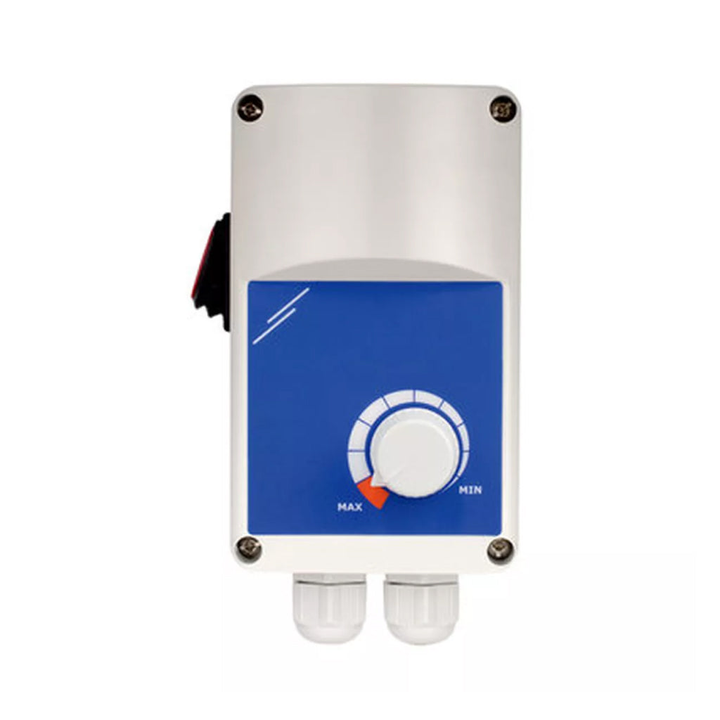 Systemair ITR Speed Controller 1.5 Amp for AC fans, showing the control device with adjustable dial and wiring connections.
