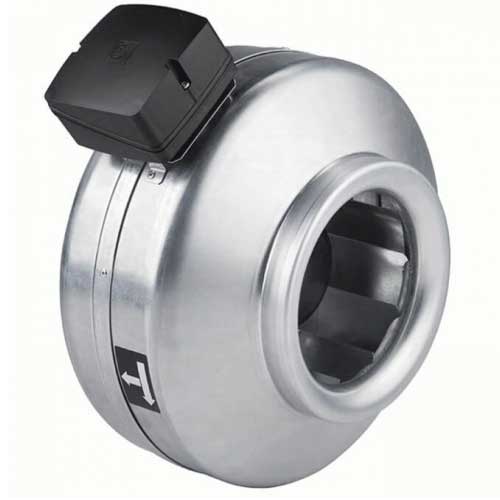 S&P VENT-100-ECOWATT low energy circular duct fan, 100mm (4-inch) size, mounted in a ventilation system for efficient airflow.