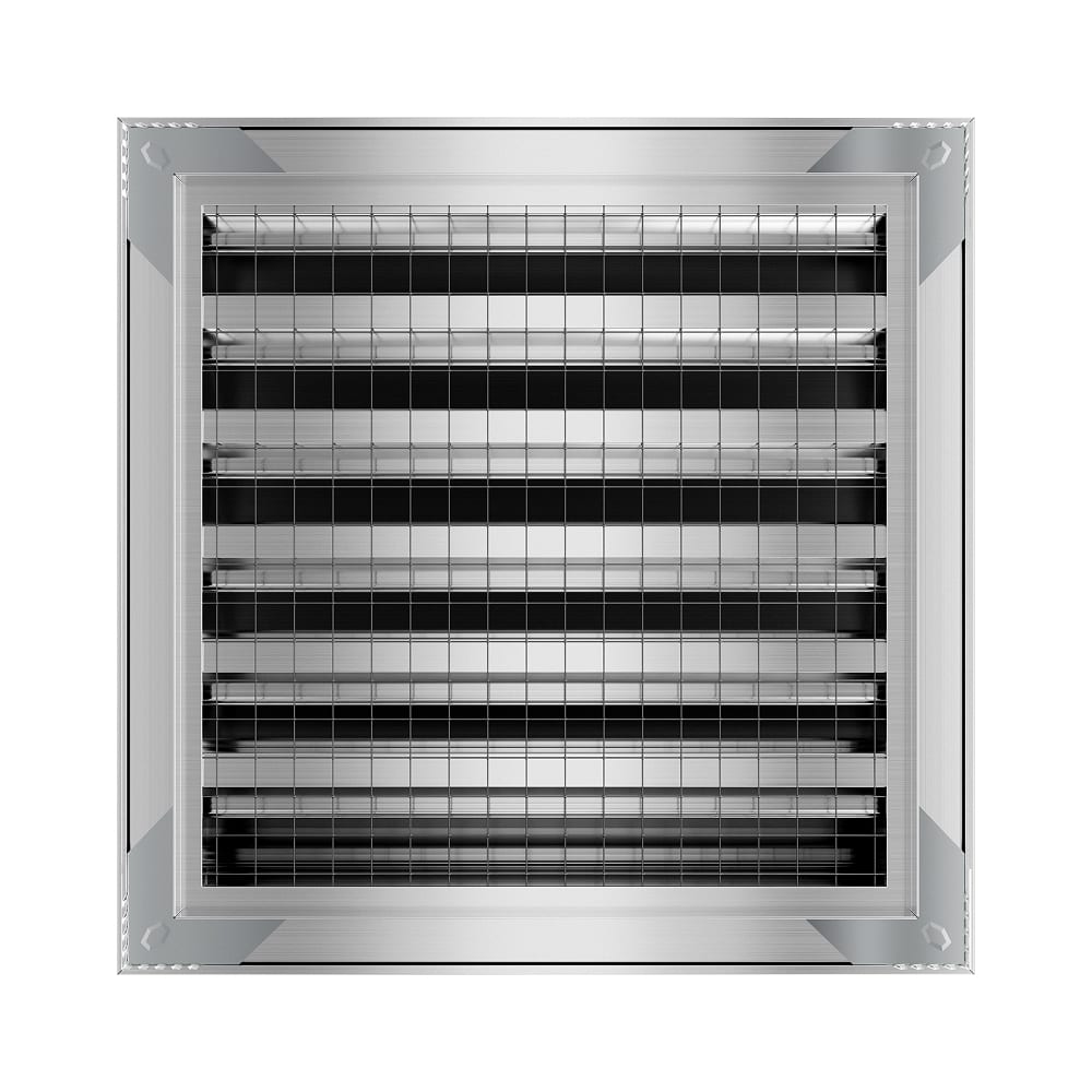 Aluminium square weather louvre by eFans, showing outdoor installation with adjustable blades for ventilation and weather protection.