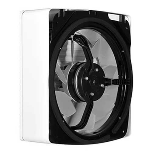Xpelair GXC9 window-mounted axial fan with pullcord, white plastic housing, mounted in a window frame for ventilation.
