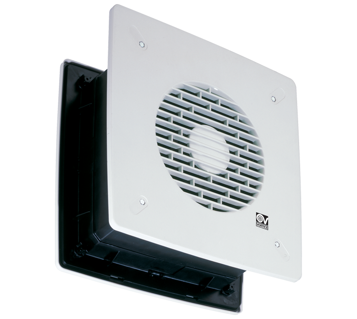 Vortice Vario 150/6" flush auto reversible wall fan, axial fan with 150mm diameter, mounted on wall, in neutral setting.