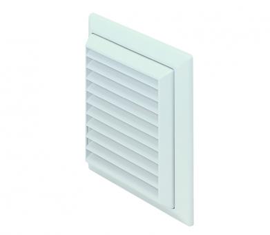 White plastic louvered wall grille with flyscreen from Domus Ventilation, 100mm diameter, for ducting and airflow management.